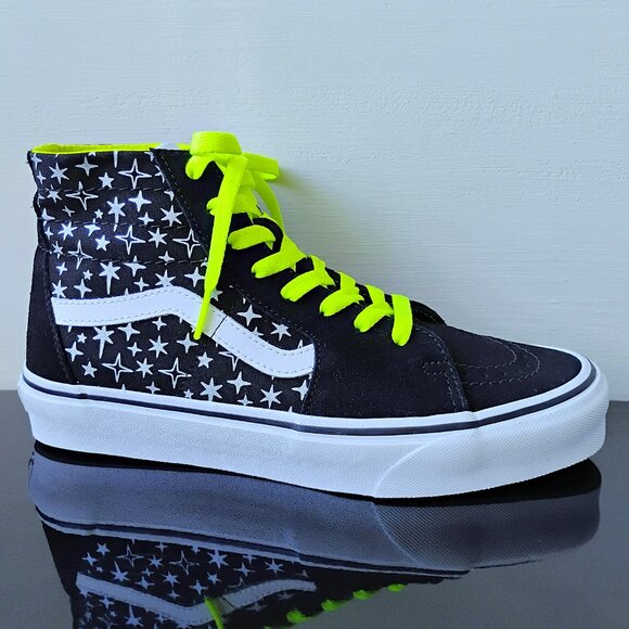 Vans Men's Sk8-Hi Black Star Suede / Canvas Sneaker with Nice Neon Shoelaces - Picture 1 of 13